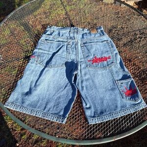 JNCO Blue Denim Shorts with Red Embroidery